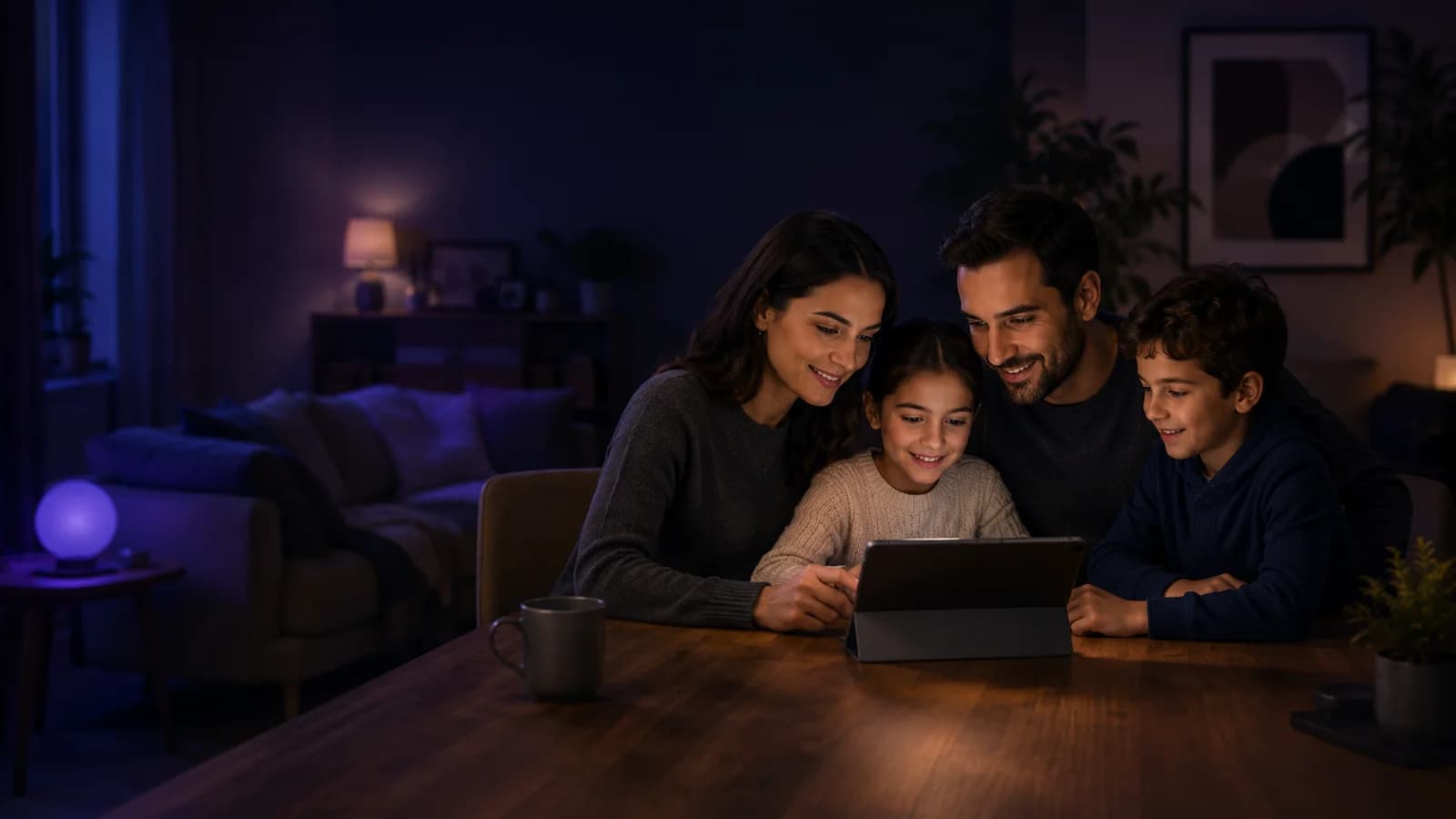 Familia coordinándose alrededor de una tablet.