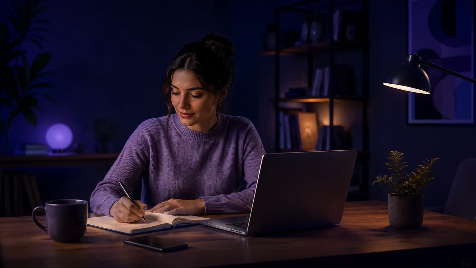 Persona organizando su trabajo junto a su computadora.